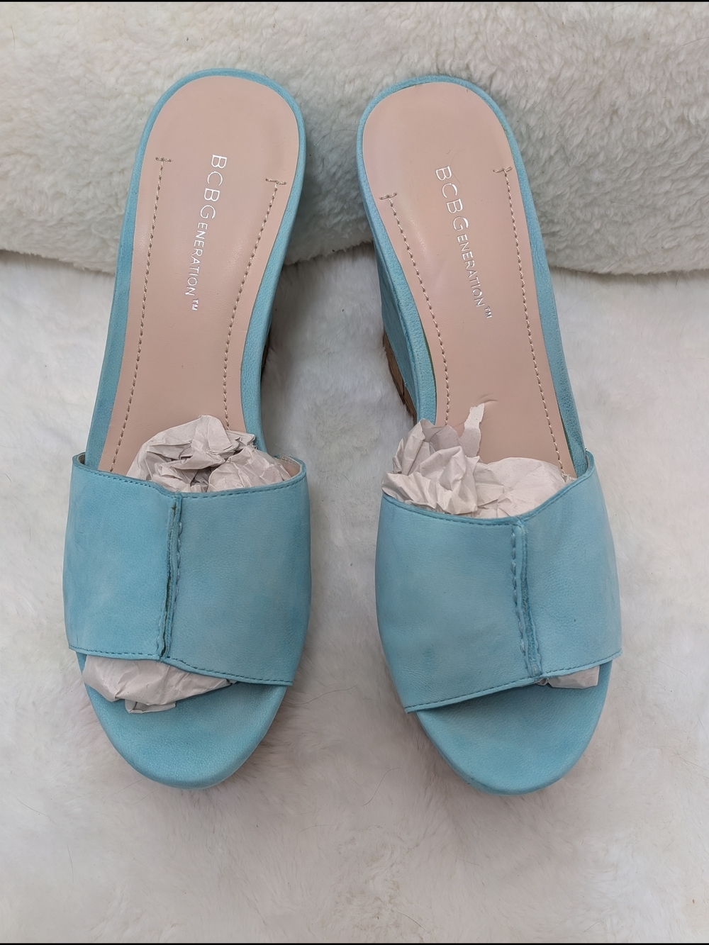 NWOT BCBGeneration "Rexx" Blue Suede Open-Toe Cork Wedge Slide Sz 8.5 - Picture 4 of 11